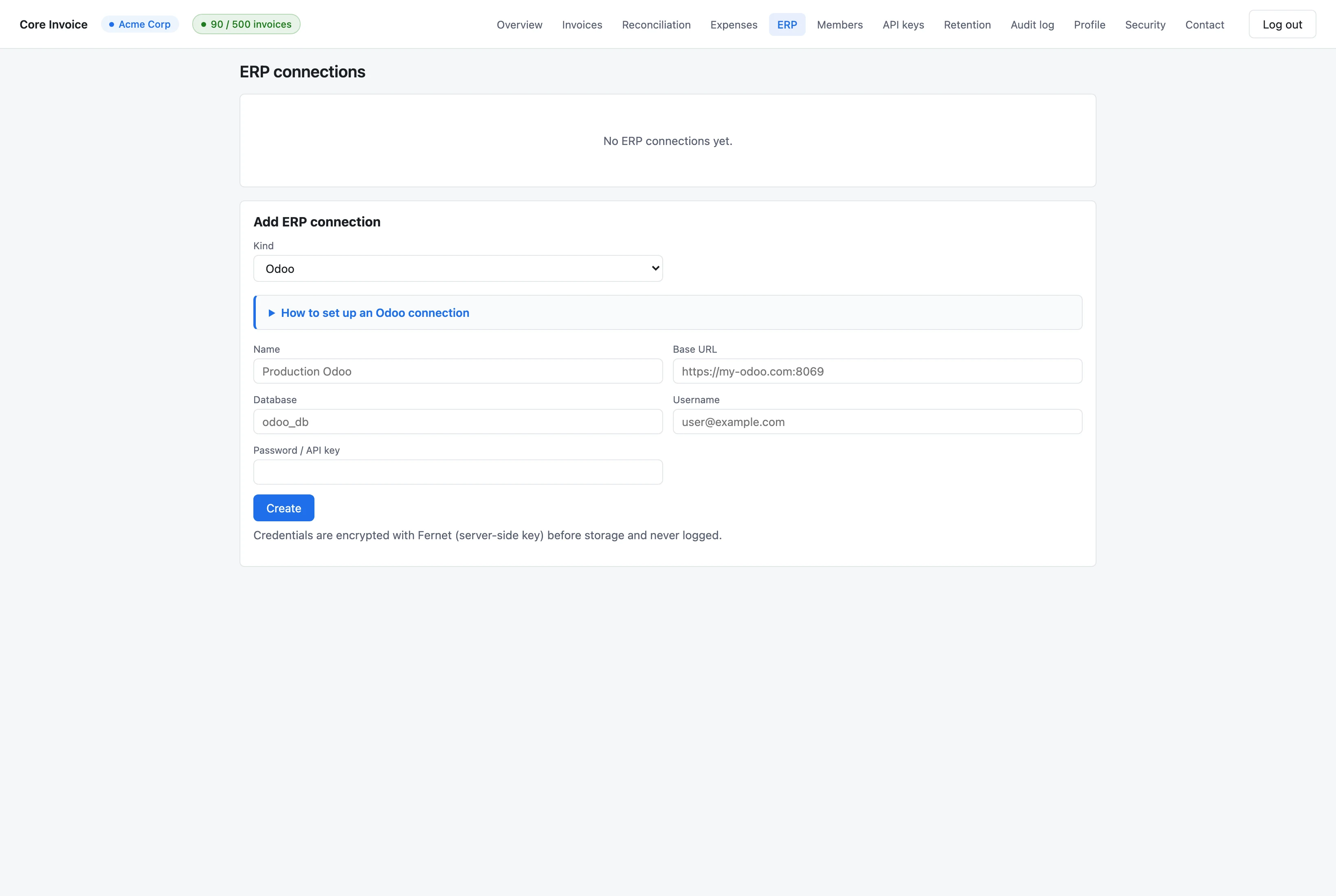 ERP connection setup screen with Odoo, SAP Business Central, and JD Edwards options. Form fields for base URL, database, username, and Fernet-encrypted password.