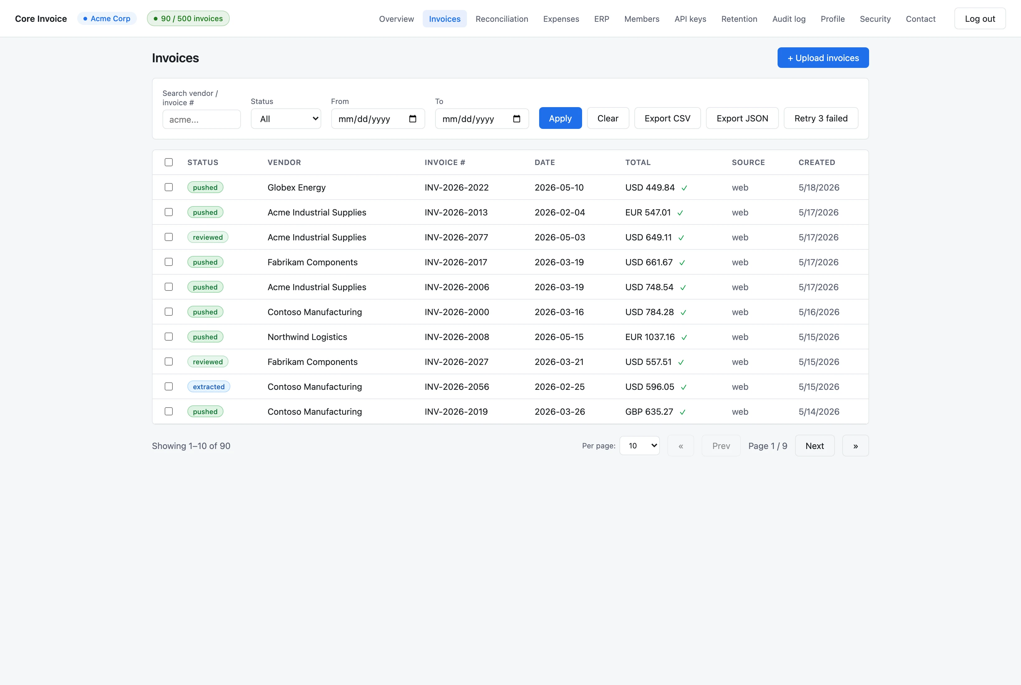 Invoices list view with status badges (pushed, extracted, reviewed), invoice numbers, dates, totals in USD/EUR/GBP, and search/export controls.