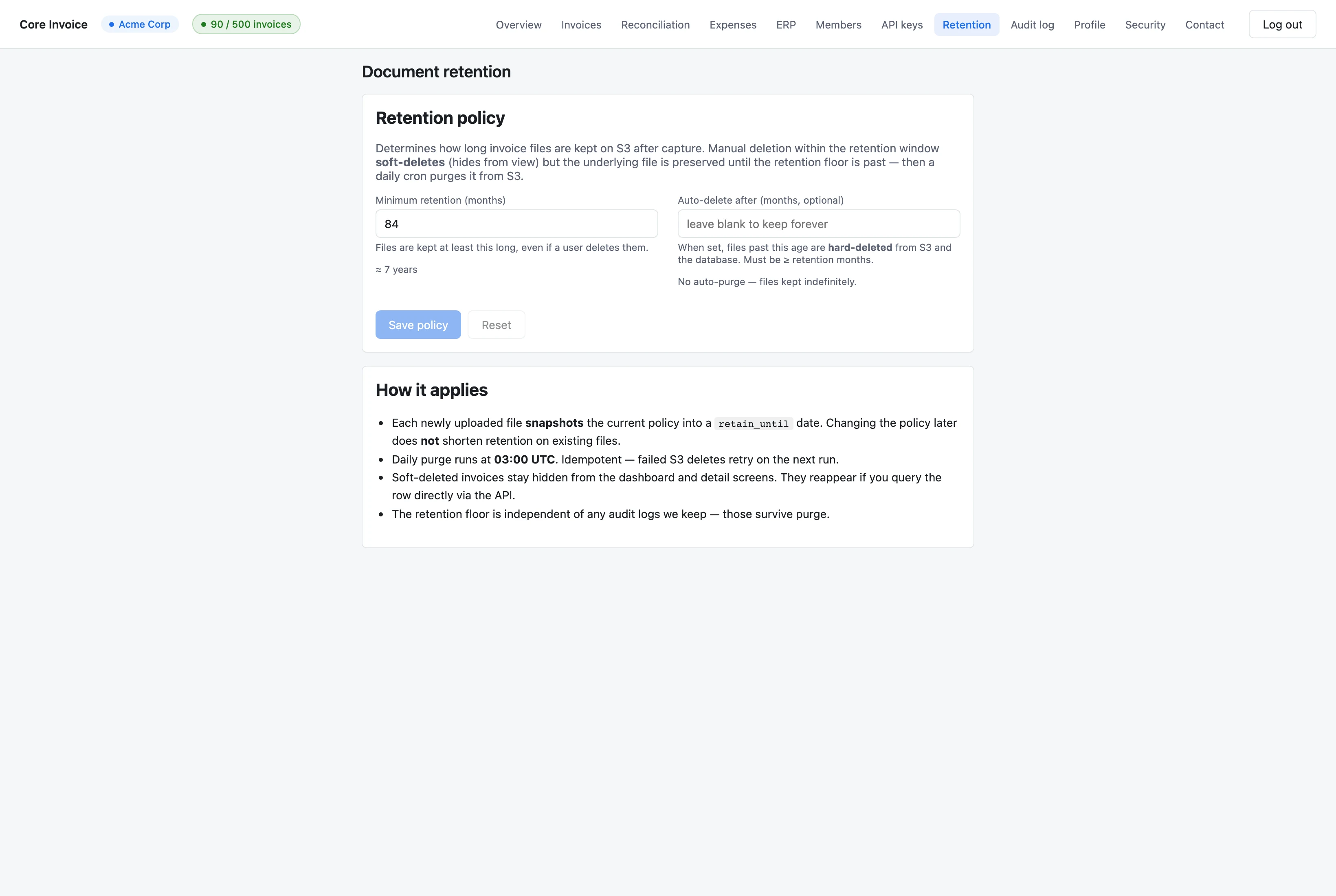 Document retention policy settings showing minimum retention of 84 months (7 years) and optional auto-delete after a configurable age.